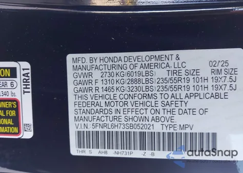 2025 Honda Odyssey Sport-L from USA, damaged, VIN 5FNRL6H73SB052021